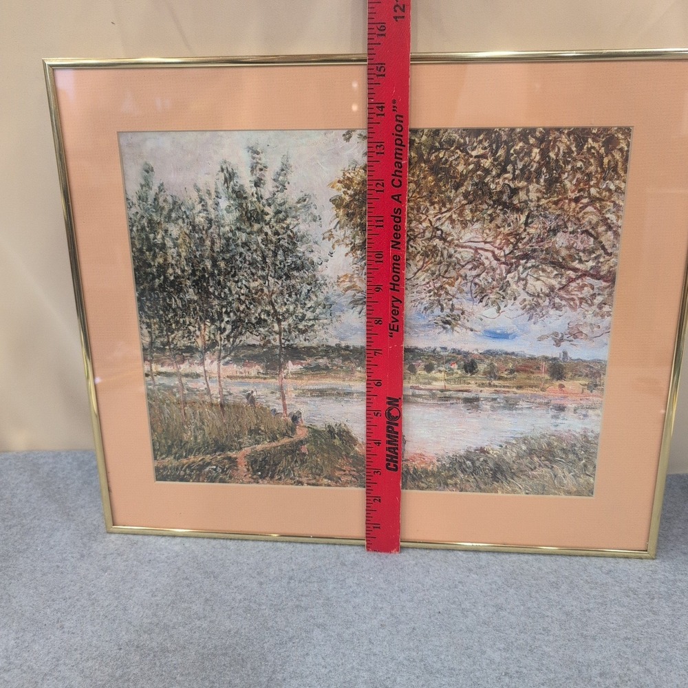 Impressionist River Landscape Framed Art Print Gold Tone Frame Peach Mat - Picture 4 of 5